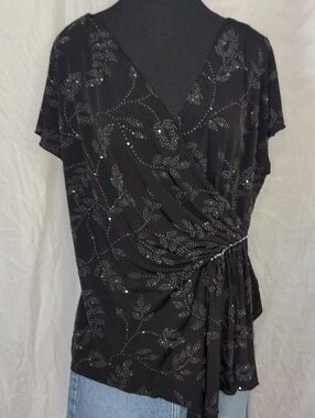 Y2K Vintage Black Draped Wrap Top – Rhinestone Detail Asymmetrical XL Bebe Style